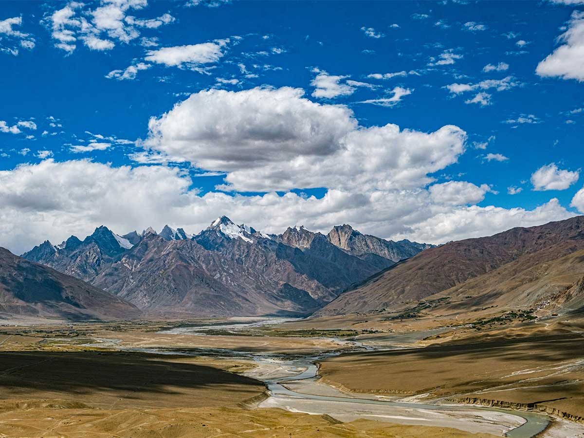 A bright day. blue sky and massive mountains of Zanskar Valley