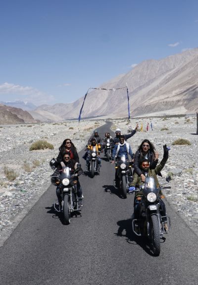 four bikers riding Royal Enfield Himalayan in Ladakh