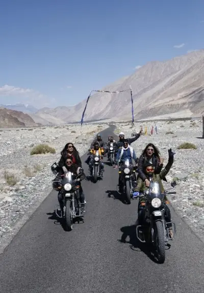 four bikers riding Royal Enfield Himalayan in Ladakh
