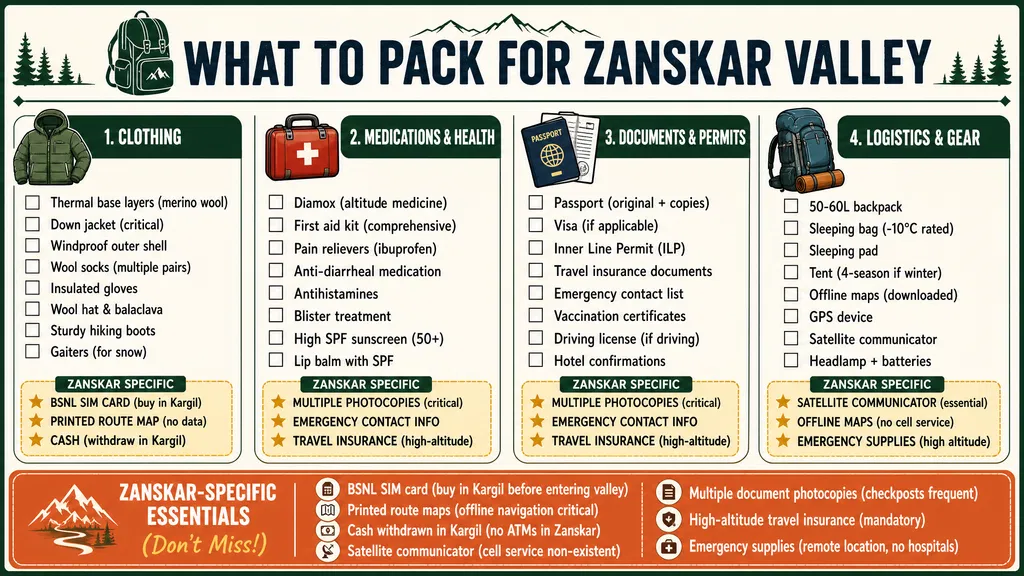 A comprehensive packing list infographic for traveling to Zanskar Valley, Ladakh, divided into clothing, medications, documents, and gear. It features critical high-altitude travel essentials including a BSNL SIM card, cash withdrawn from Kargil, printed offline maps, and travel insurance details.