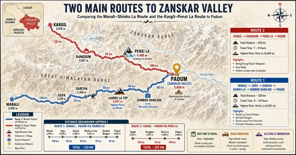 A detailed travel route map comparing the two main highways to Padum in Zanskar Valley: Route 1 from Manali via Jispa, Darcha, and Shinku La Top (330 km, 8-10 hours) and Route 2 from Kargil via Rangdum and Pensi La Pass (255 km, 7-9 hours), including altitude breakdowns and key landmarks like Gombok Rangjon.