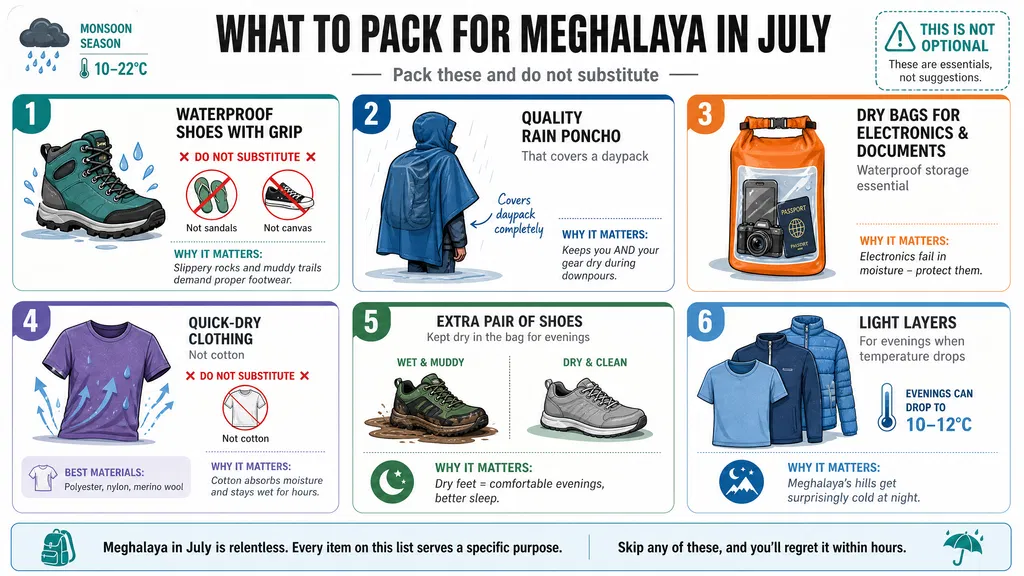 Packing list infographic for Meghalaya in July monsoon season showing waterproof shoes, rain poncho and dry bags