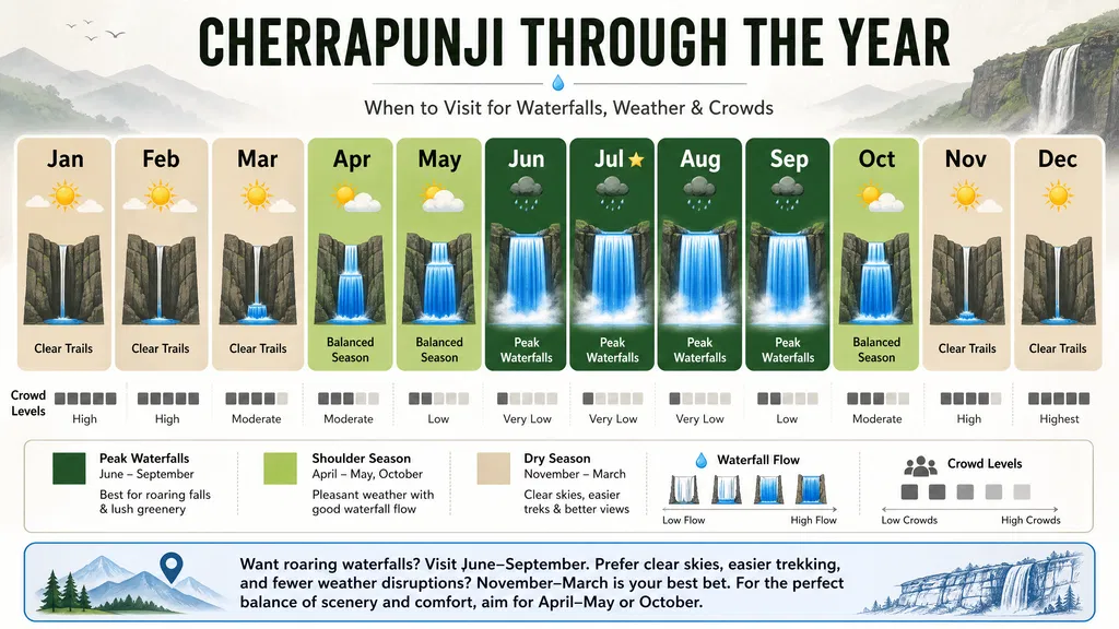 Month by month guide to Cherrapunji showing waterfall flow, weather and crowd levels through the year