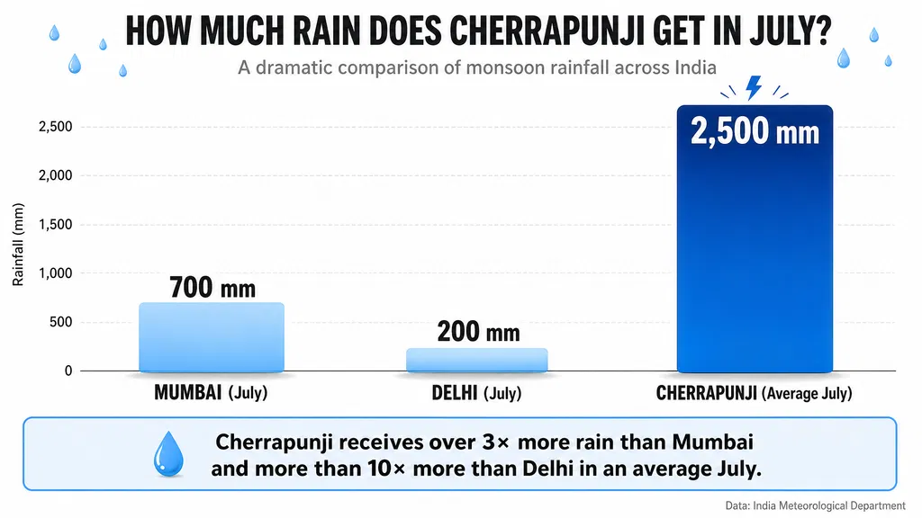 Bar chart comparing average July rainfall in Cherrapunji, Mumbai and Delhi