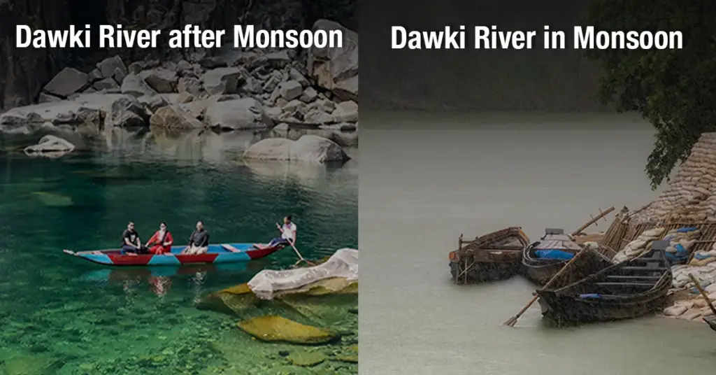 Side by side comparison of Dawki River water color during monsoon and after monsoon in Meghalaya