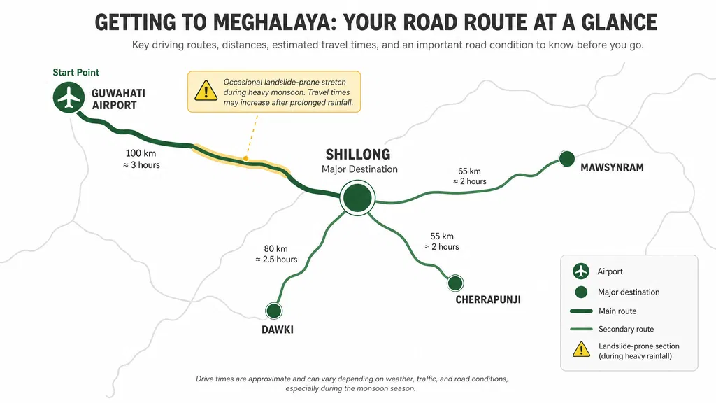 Road route map showing distance and travel time from Guwahati Airport to Shillong, Cherrapunji, Dawki and Mawsynram