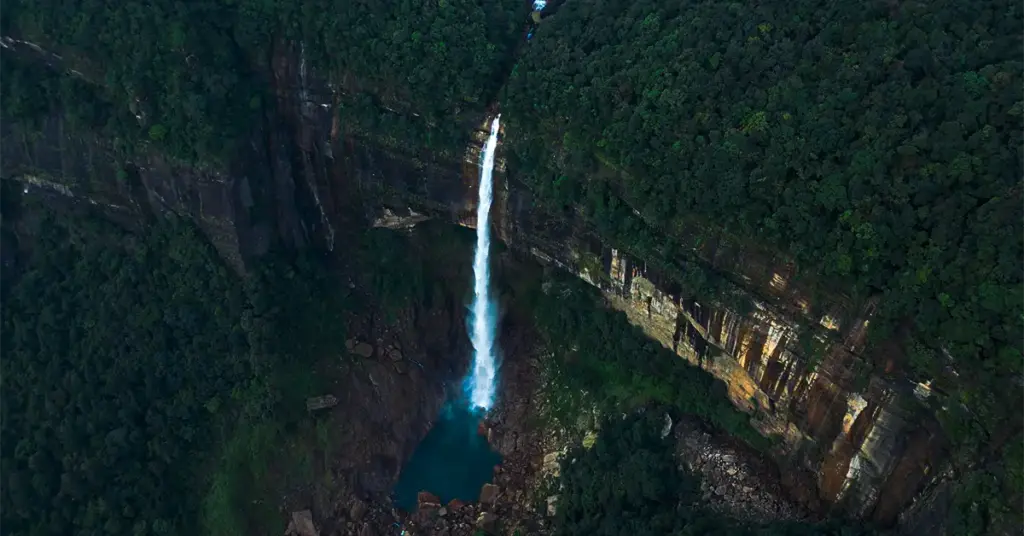 Aerial view of Nohkalikai Falls plunging into a deep gorge in Meghalaya