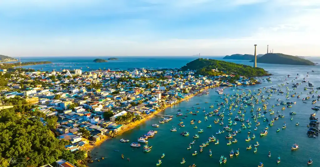 Aerial view of An Thoi harbor in Phu Quoc with Hon Thom cable car towers in the distance
