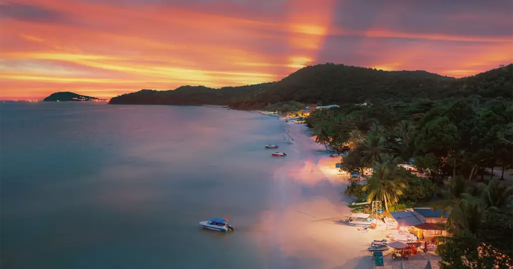 Aerial sunset view of Sao Beach in Phu Quoc
