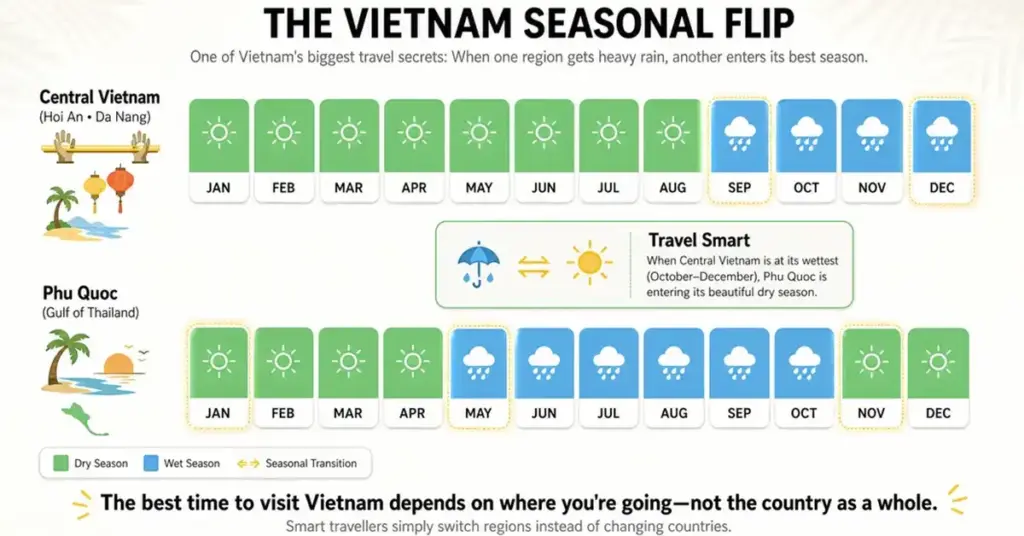 Infographic comparing dry and wet season months in Central Vietnam and Phu Quoc