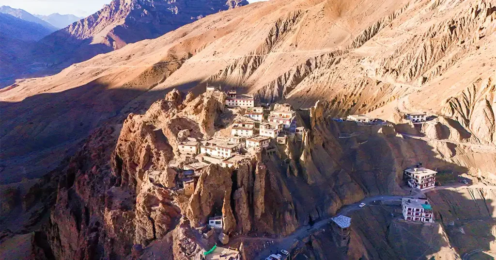 Dhankar Monastery in Spiti Valley on an eroding spur above the Spiti and Pin river confluence, aerial view