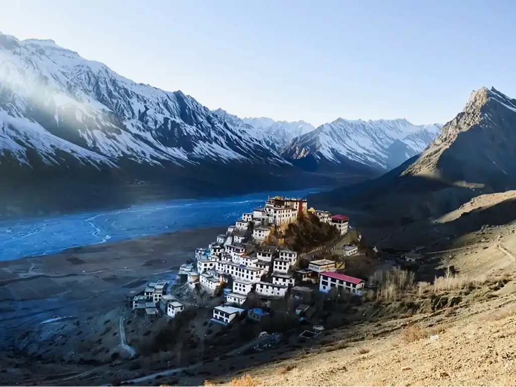 Key Monastery at 4,166 m, above the Spiti river. Over 1,000 years old, still home to more than 300 monks, and reached on a paved road from Kaza.