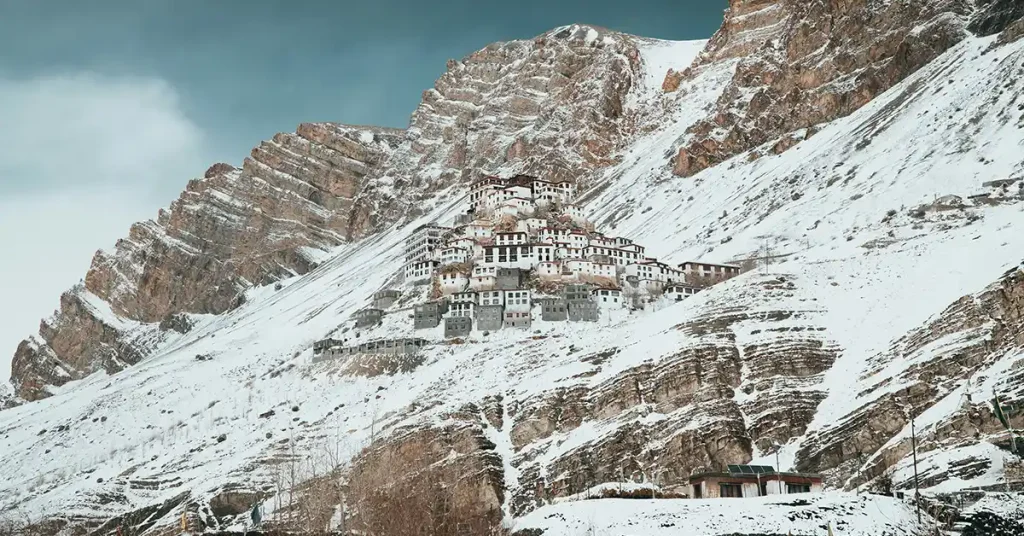 Key Monastery Spiti Valley under deep snow in winter, the surrounding hillside completely white