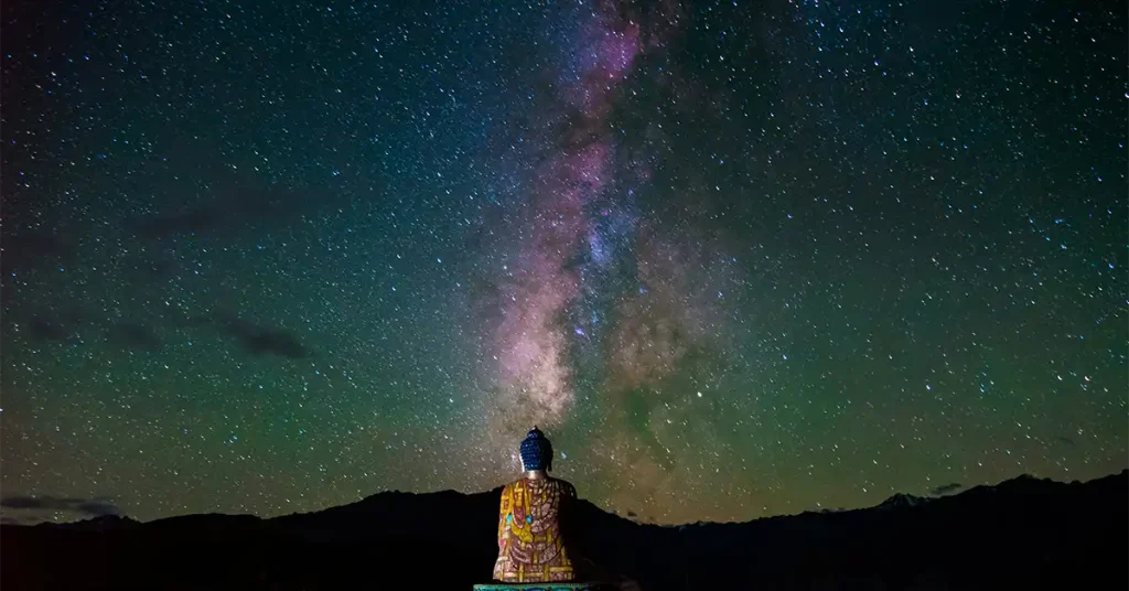 Buddha statue at Langza, Spiti Valley, at 4,400 m under the Milky Way on a clear night