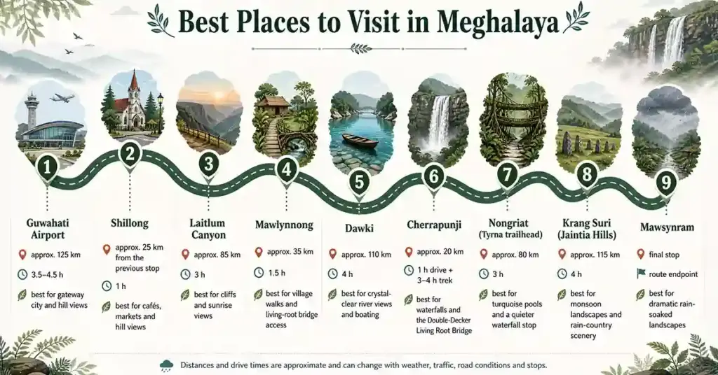 Infographic map showing the best places to visit in Meghalaya, from Guwahati Airport to Mawsynram