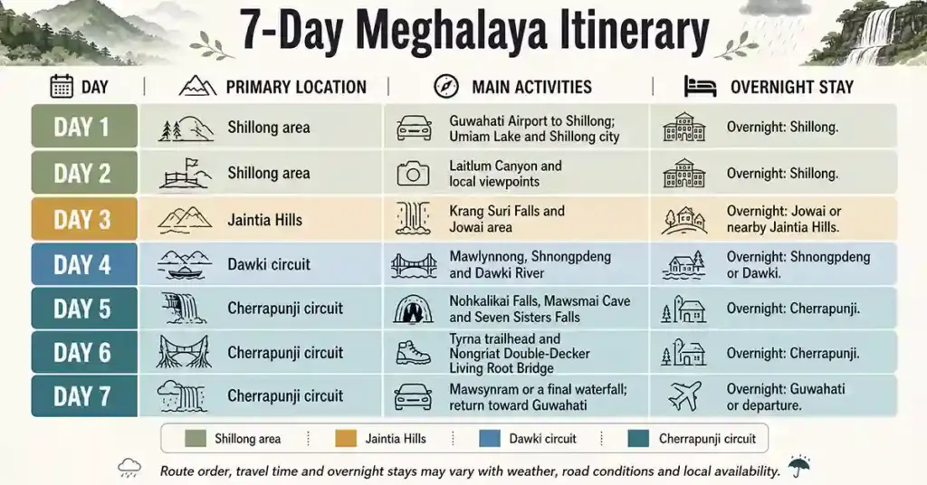 Detailed 7-day Meghalaya itinerary infographic showing day-by-day locations, activities and overnight stays