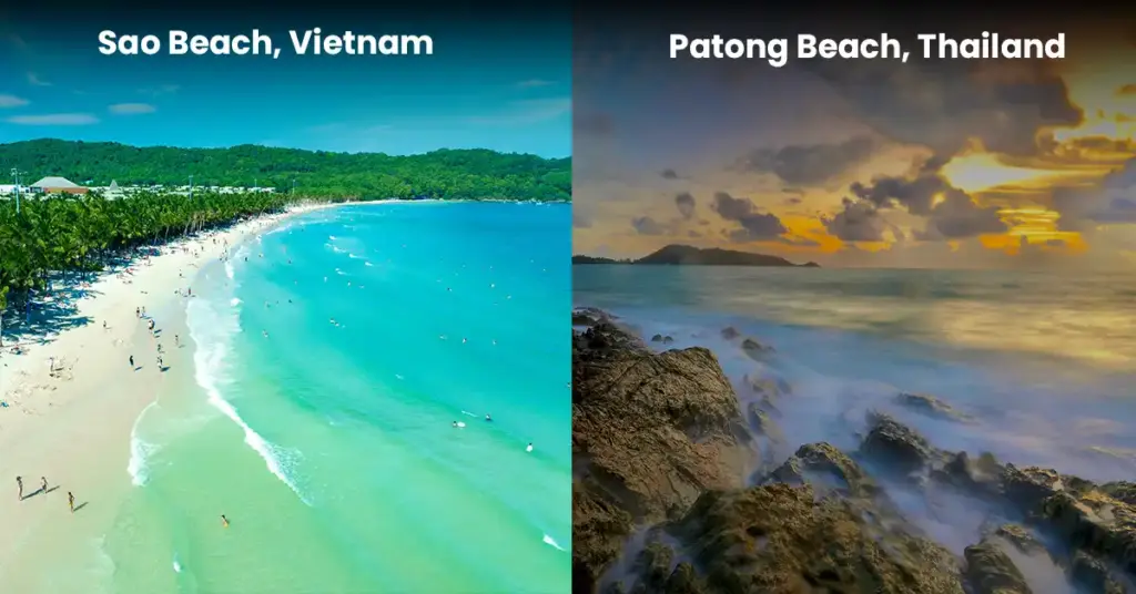 Sao Beach in Phu Quoc, Vietnam, compared side by side with Patong Beach in Phuket, Thailand