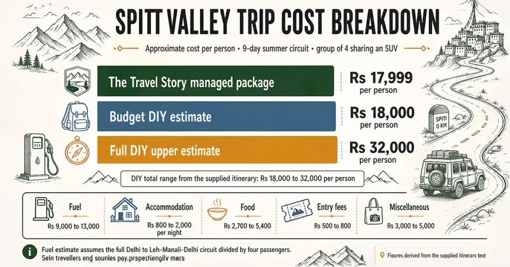 Spiti Valley trip cost infographic comparing a Rs 17,999 managed package against a Rs 18,000 to 32,000 DIY 9-day budget