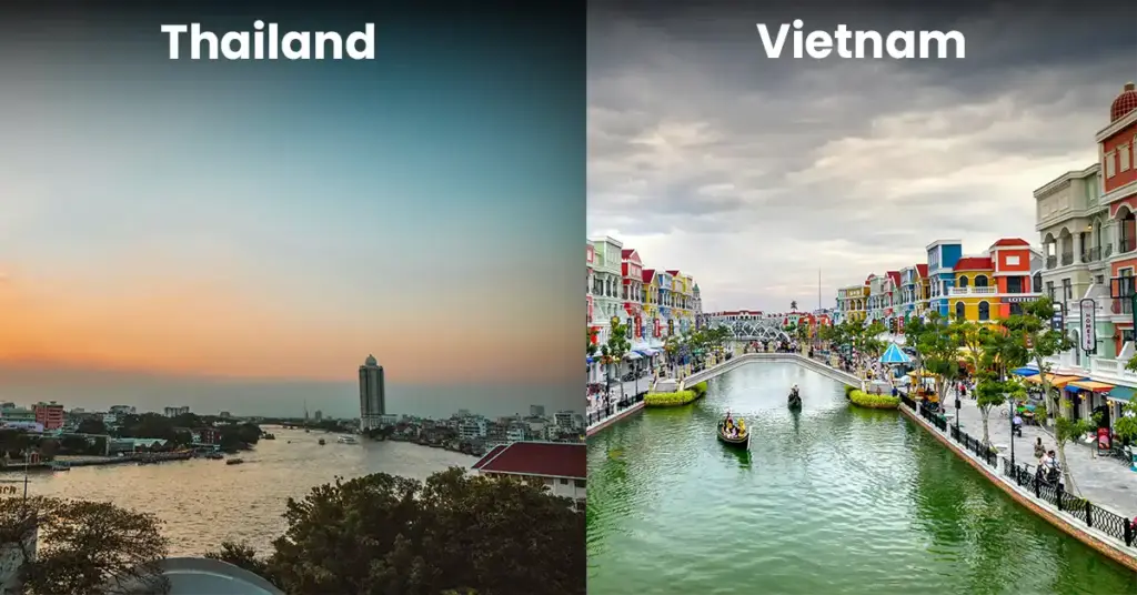 Sunset riverfront skyline in Thailand compared with colorful canal-side buildings in Vietnam