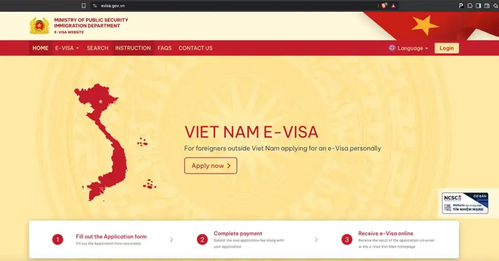 Screenshot of Vietnam's official e-Visa website (evisa.gov.vn) homepage from the Ministry of Public Security