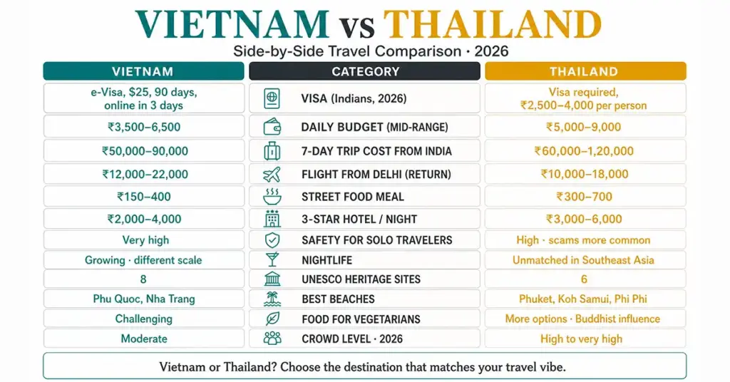 2026 comparison table of Vietnam vs Thailand covering visa, budget, safety, beaches and nightlife