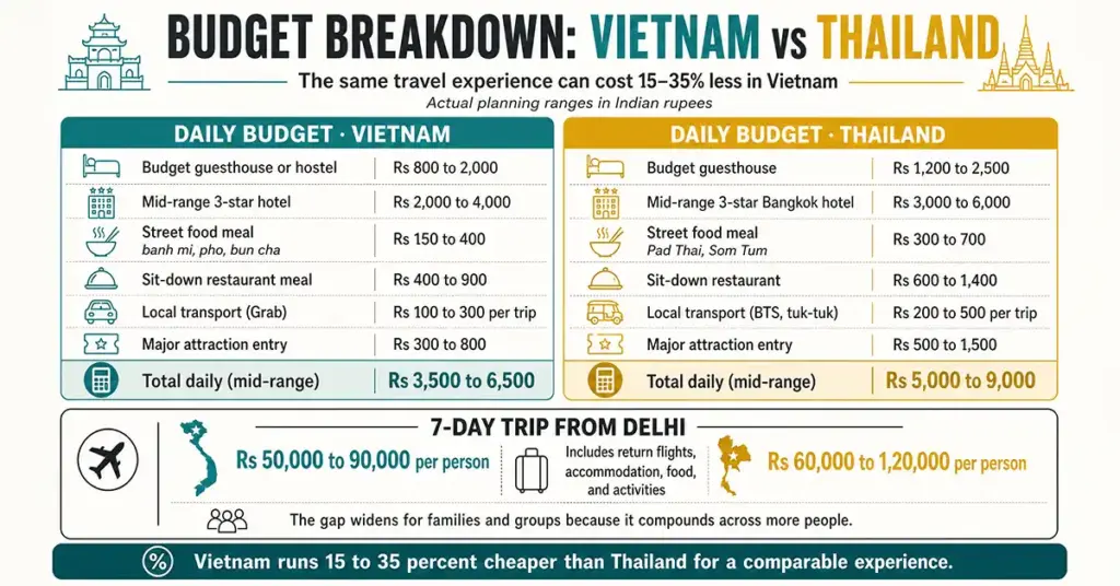 Infographic comparing daily travel budgets in Vietnam vs Thailand in Indian rupees